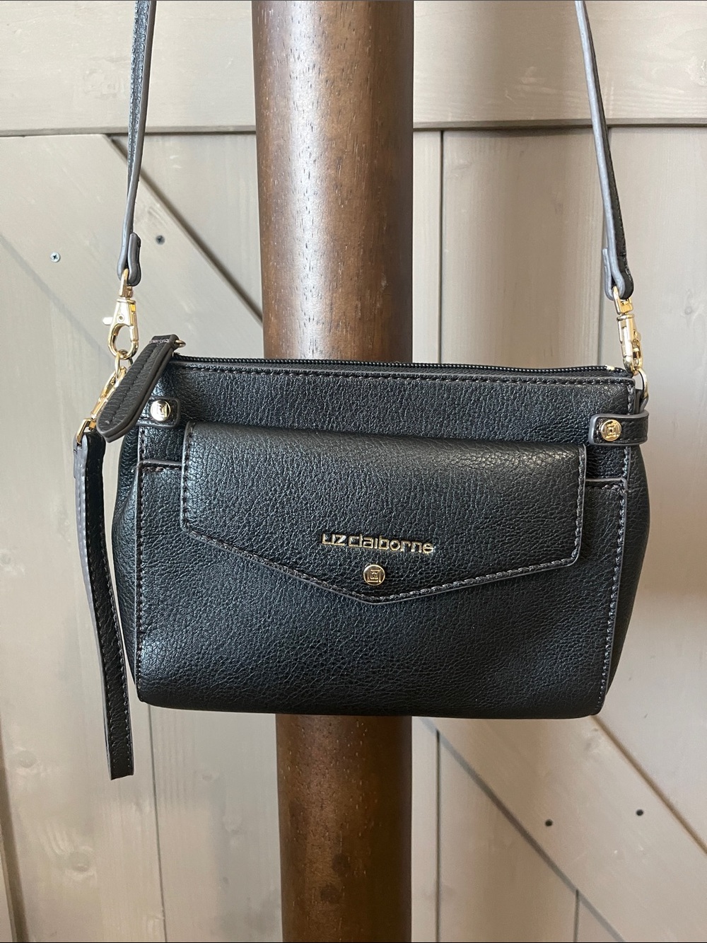Liz Claiborne Black Crossbody Wristlet with Gold Hardware